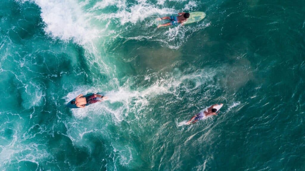 An image of 3 surfers paddling on surfboards in thailand